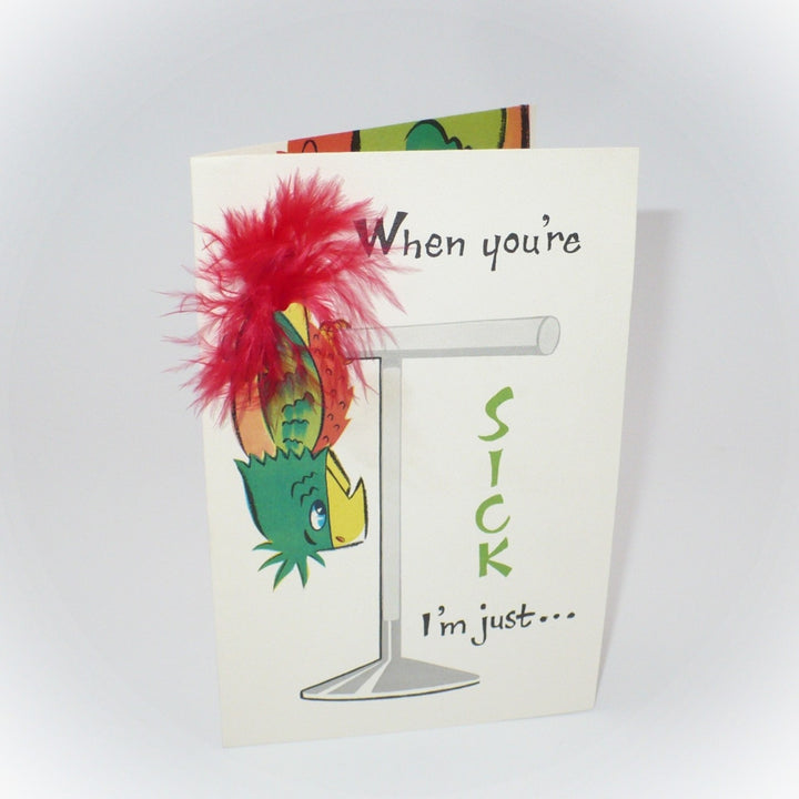 1960s Feathered Parrot 3D Novelty Get Well Card, Real Feathers.