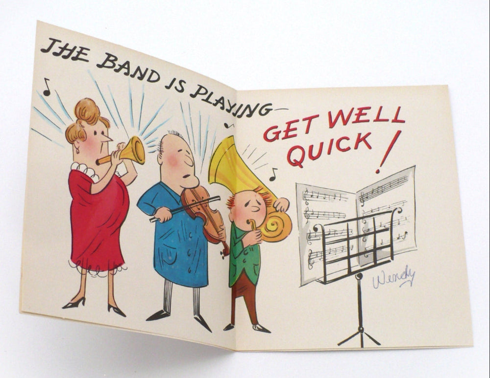 Interior of 1950s Vintage Kitsch Get Well Card, Nero While Rome Burns.