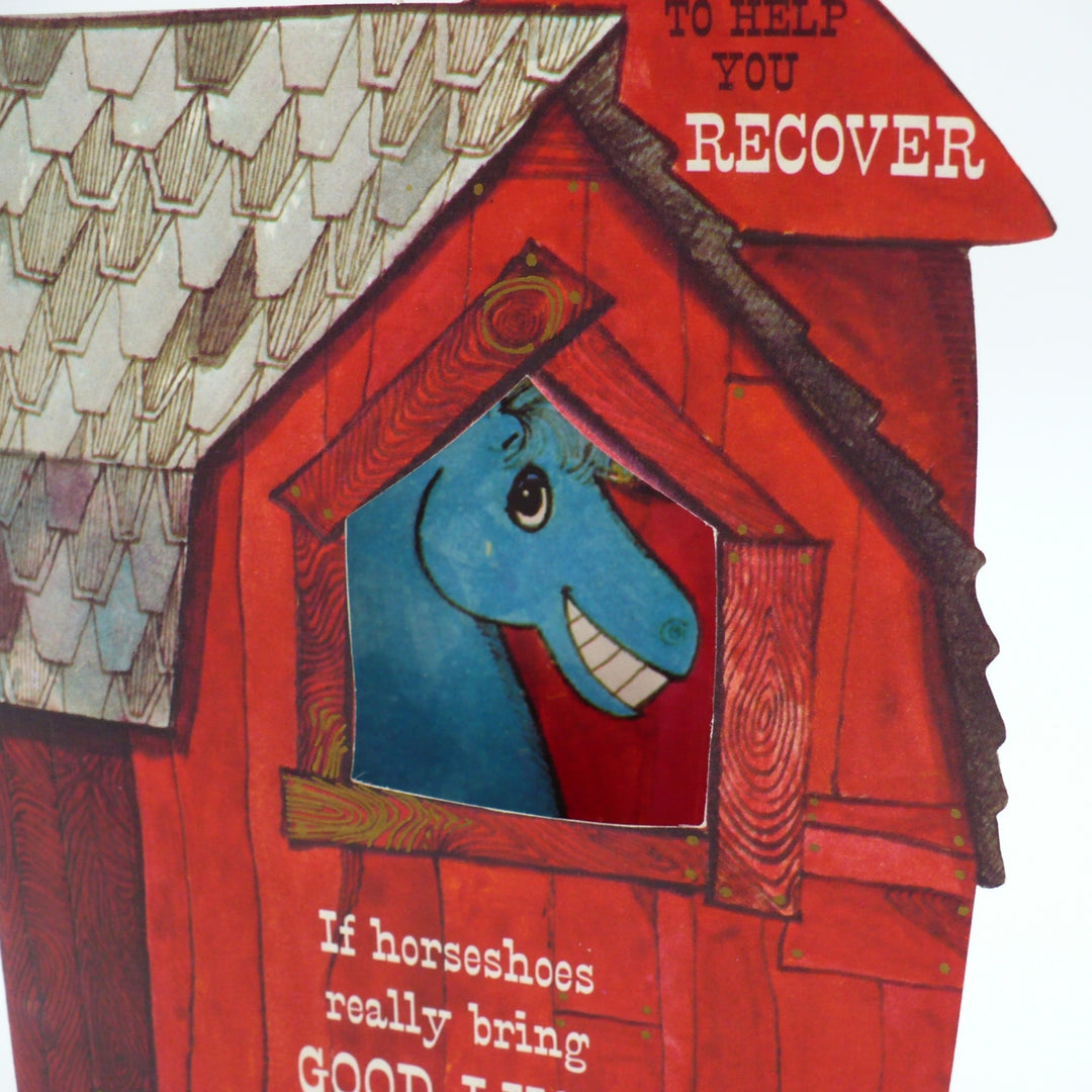 1950s Die-cut Get Well Card with Horse Peeking Through Barn Window.