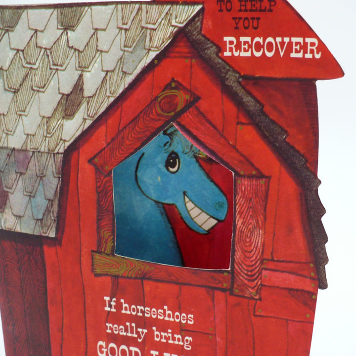 1950s Die-cut Get Well Card with Horse Peeking Through Barn Window.