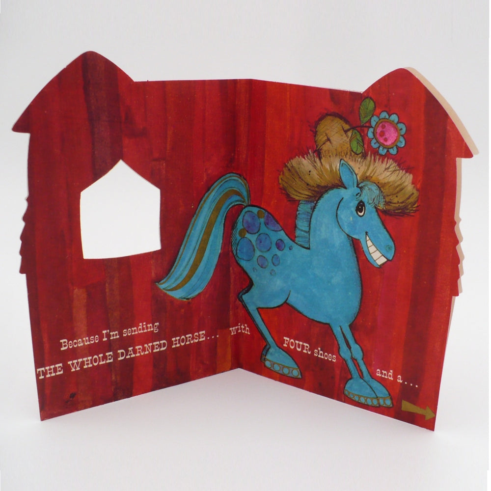 1950s Die-cut Get Well Card with Horse Peeking Through Barn Window.