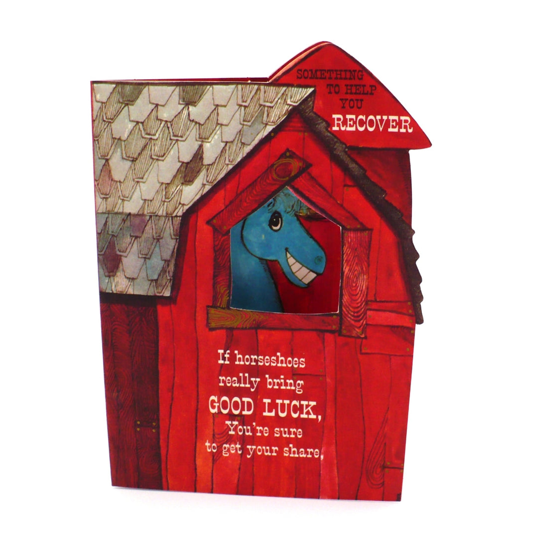 1950s Die-cut Get Well Card with Horse Peeking Through Barn Window.