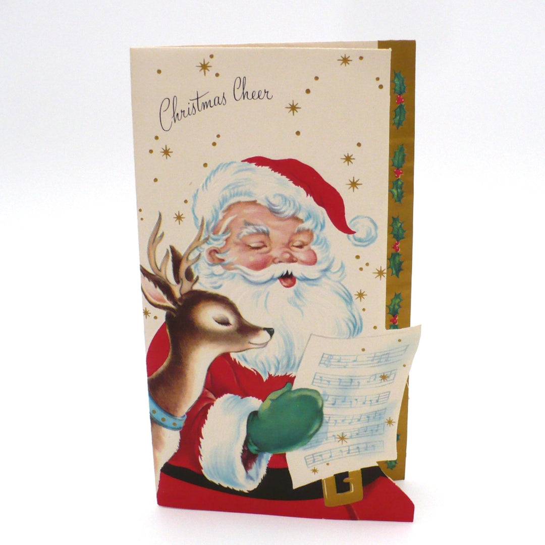 1950s Vintage Kitsch Die-cut Christmas Card with Santa, Reindeer.