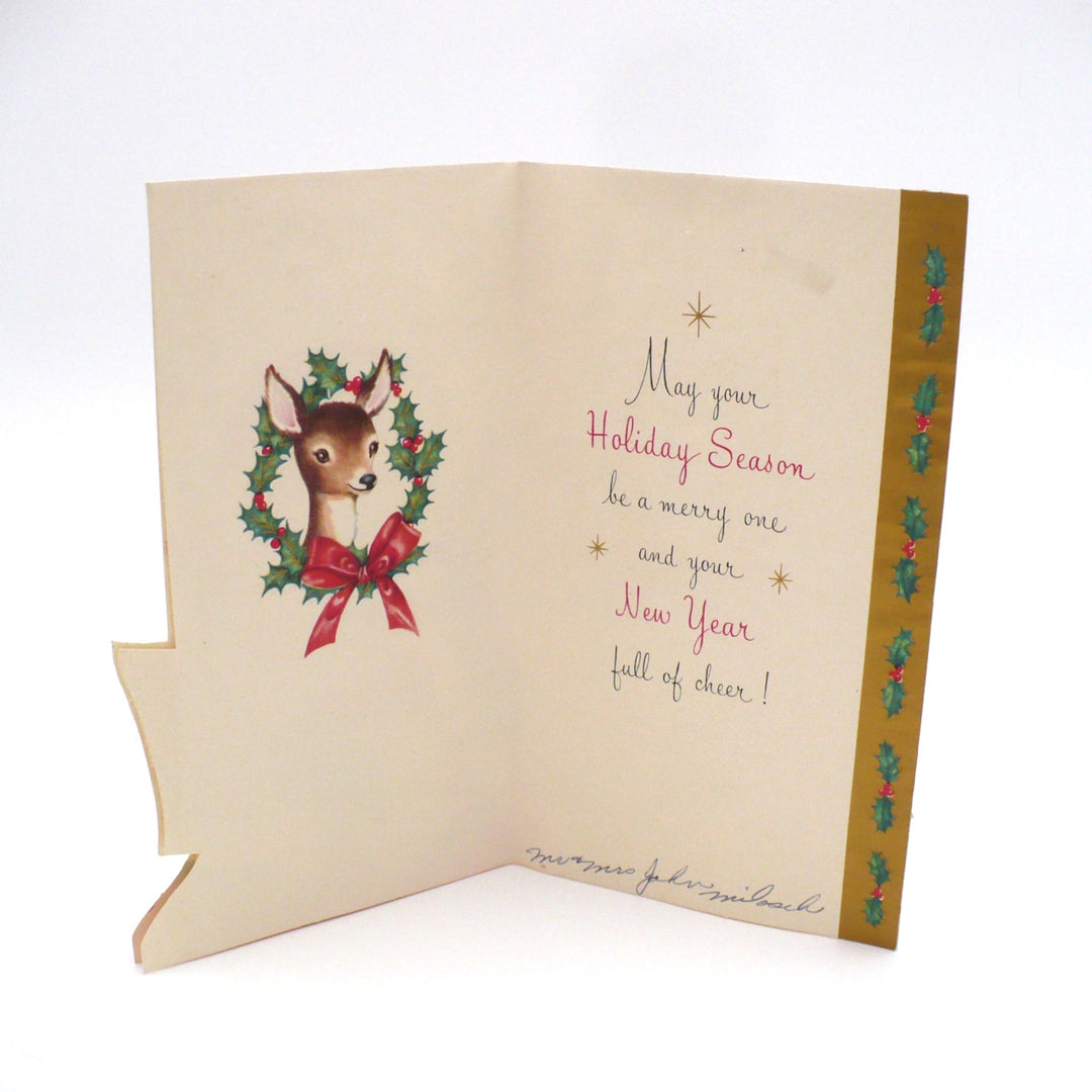 1950s Vintage Kitsch Die-cut Christmas Card with Santa, Reindeer.