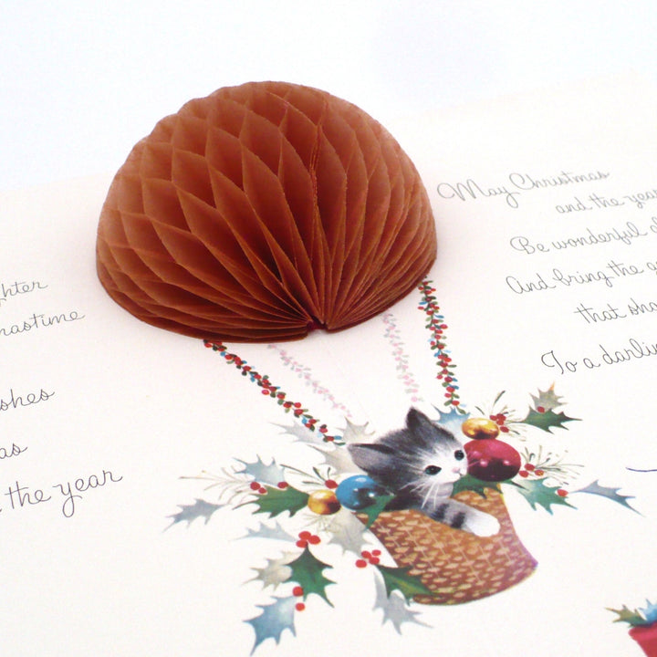 1960s Kitten in Hot Air Balloon Vintage Pop-Up Honeycomb Christmas Card.