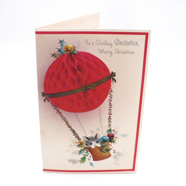 1960s Kitten in Hot Air Balloon Vintage Pop-Up Honeycomb Christmas Card.