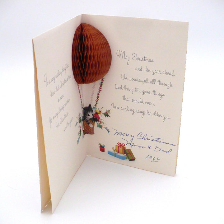1960s Kitten in Hot Air Balloon Vintage Pop-Up Honeycomb Christmas Card.