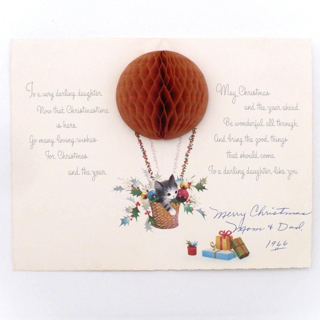1960s Kitten in Hot Air Balloon Vintage Pop-Up Honeycomb Christmas Card.