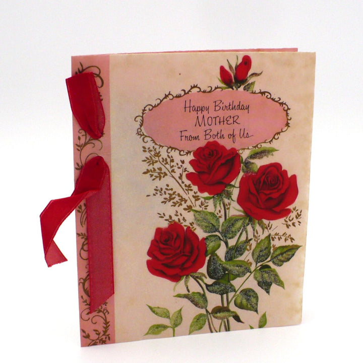 Greeting card with red roses and a pink ribbon on a white background, 1950s Mother’s Birthday Vintage Greeting Card w/ Red Roses & Sugar Glitter by Buzzo.