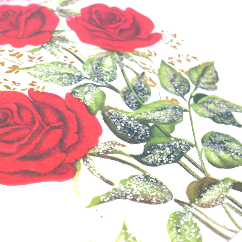 Greeting card with red roses and a pink ribbon on a white background, 1950s Mother’s Birthday Vintage Greeting Card w/ Red Roses & Sugar Glitter by Buzzo.
