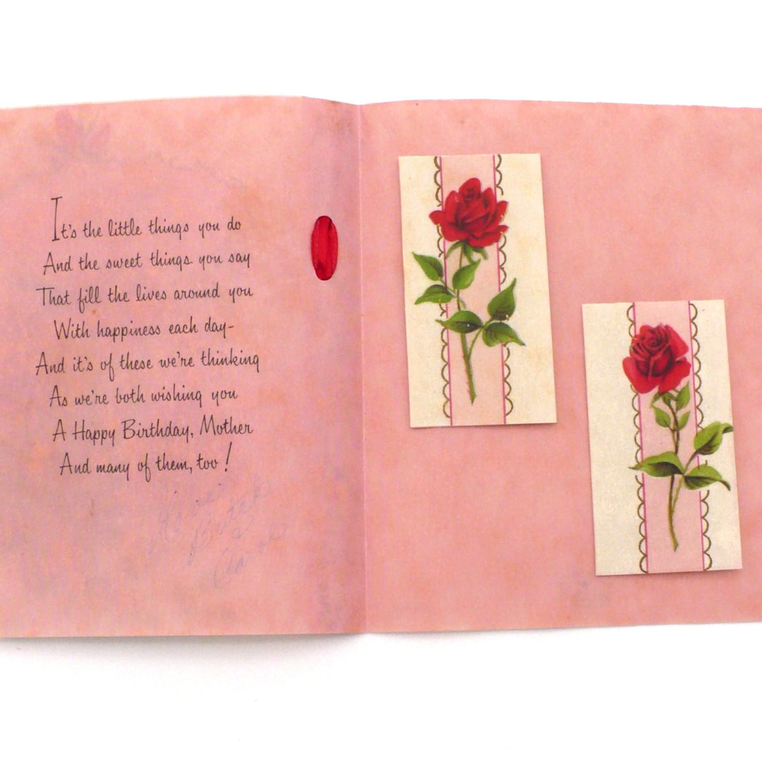 Greeting card with red roses and a pink ribbon on a white background, 1950s Mother’s Birthday Vintage Greeting Card w/ Red Roses & Sugar Glitter by Buzzo.