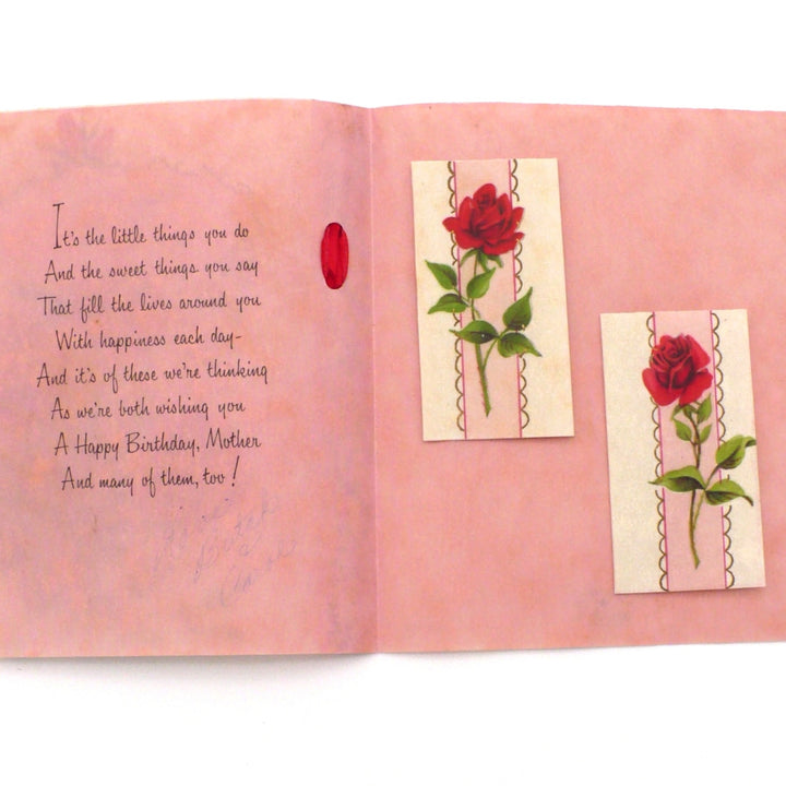 Greeting card with red roses and a pink ribbon on a white background, 1950s Mother’s Birthday Vintage Greeting Card w/ Red Roses & Sugar Glitter by Buzzo.