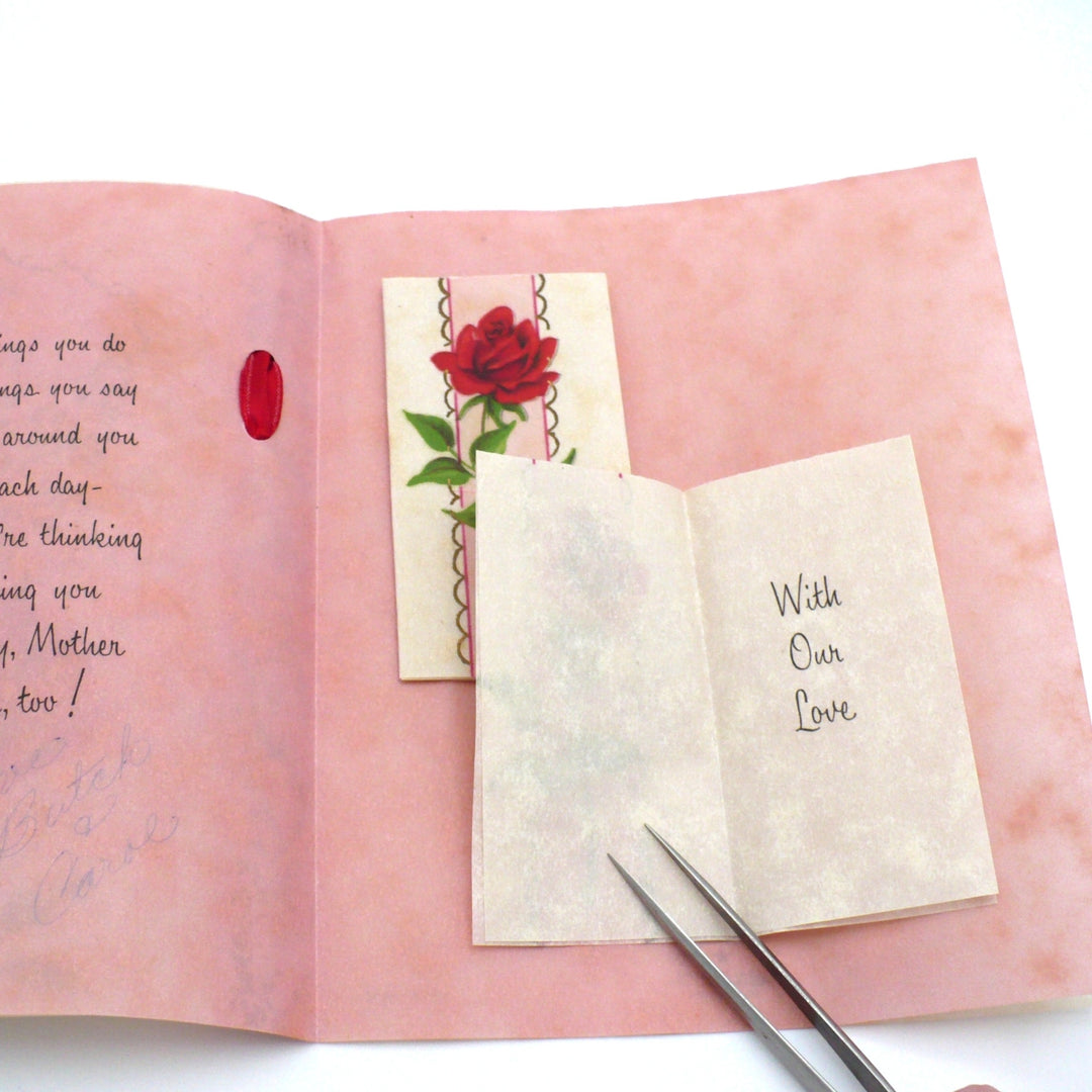 Greeting card with red roses and a pink ribbon on a white background, 1950s Mother’s Birthday Vintage Greeting Card w/ Red Roses & Sugar Glitter by Buzzo.