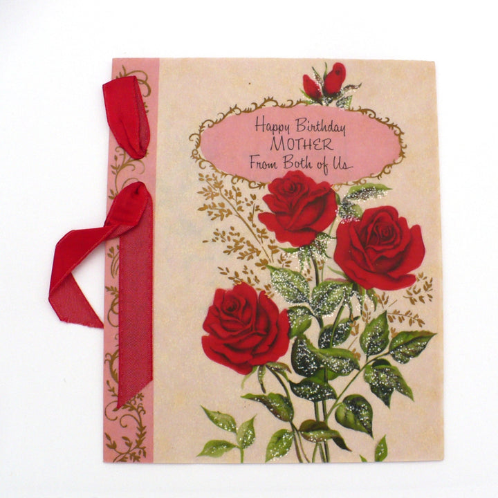 Greeting card with red roses and a pink ribbon on a white background, 1950s Mother’s Birthday Vintage Greeting Card w/ Red Roses & Sugar Glitter by Buzzo.