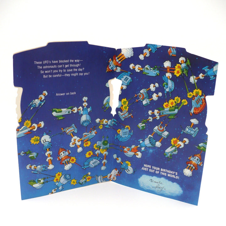 1980s Vintage Mechanical Space Station Birthday Card, Interactive Card. inside two page maze.