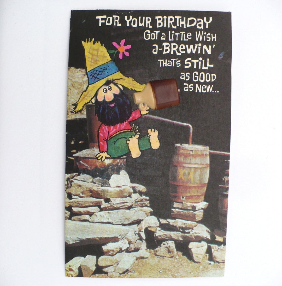 1970s Hillbilly Birthday Card w/ 3D Moonshine Jug.
