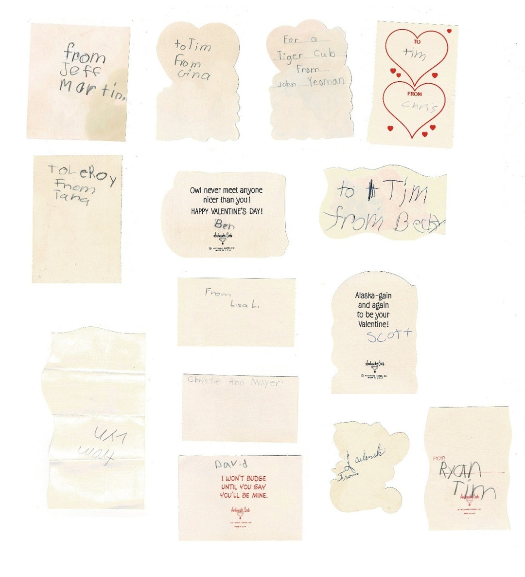 Vintage Children’s Valentine Cards Lot of 14, Classroom Exchange Cards, backs.