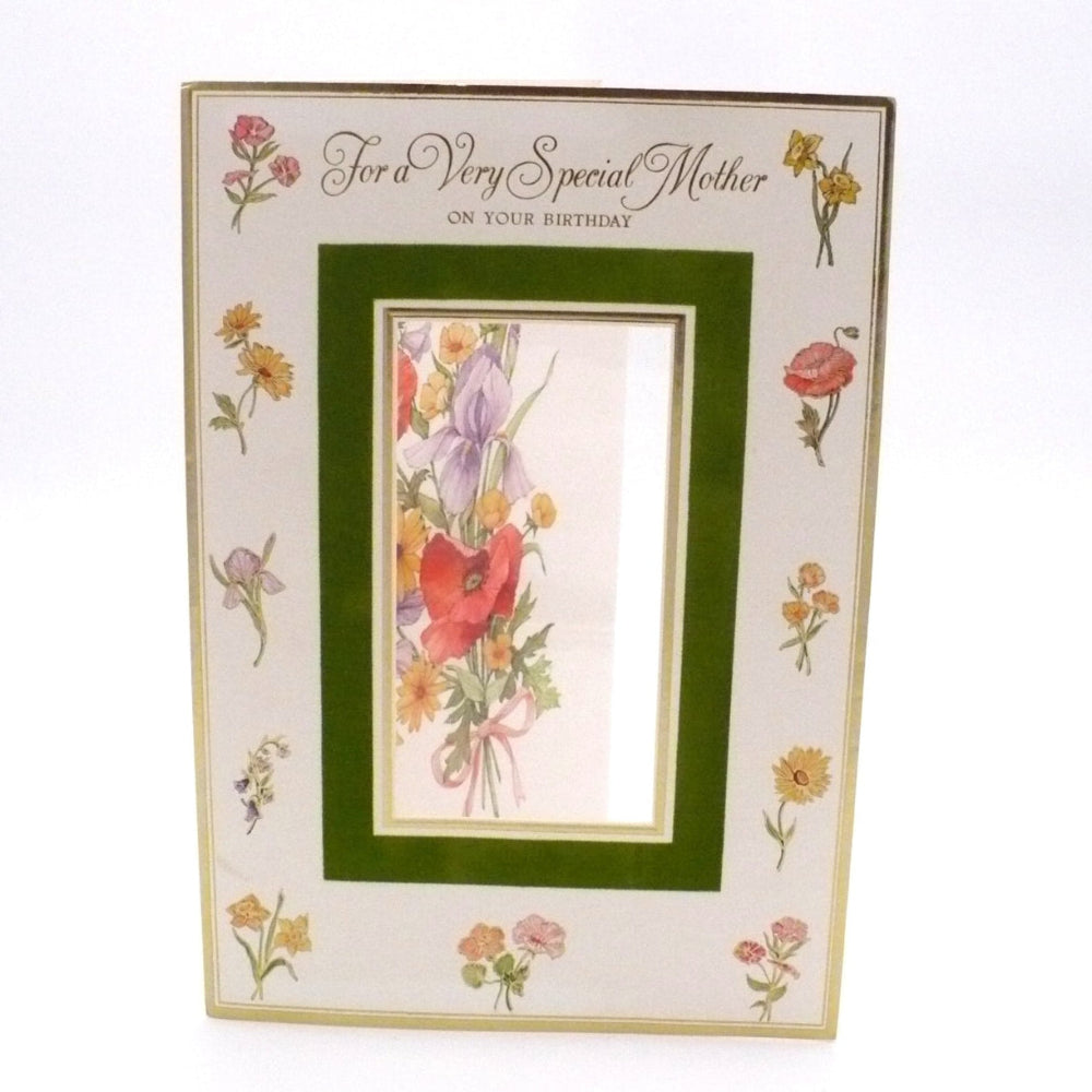 Vintage Mother Birthday greeting card, upright and slightly open to show the window.