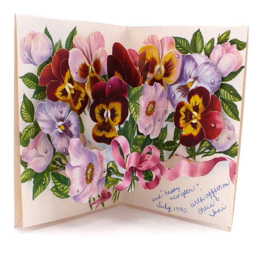 Opened and upright, 1970s Pansies & Roses 3D Pop-Up Bouquet Birthday Card by Moser.