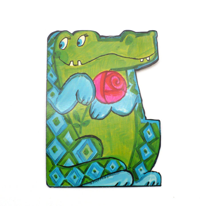 Colorful illustration of a crocodile holding a flower on a white, background, For Child.