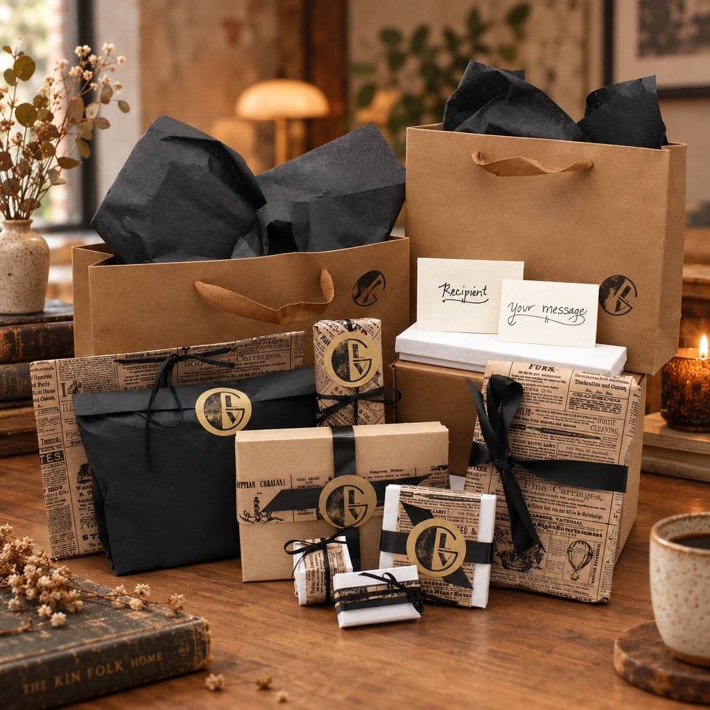 Get Lucky Vintage gift wrapping service showcasing  hand-wrapped gifts in our signature paper, featuring antique typography, historic advertisements, and classical illustrations. Old world gift bags with ribbon handles, top quality black tissue paper, wrapped boxes, black satin ribbon, and custom-stamped seals.