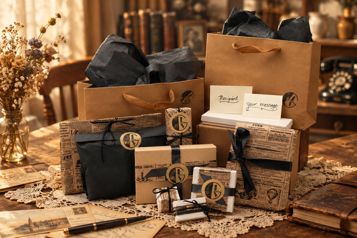 Get Lucky Vintage gift wrapping service showcasing brown paper bags with black tissue, vintage newsprint wrapped boxes, black satin ribbon, and custom-stamped seals in a warm environment.