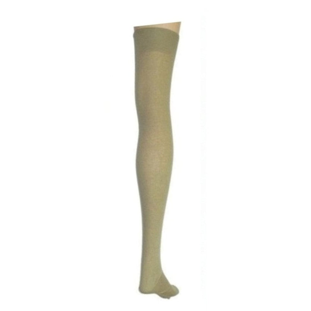 10.5 Vintage 1960s Maid Uniform Plus Size Thigh High Cotton Stocking on mannequin leg with white background.
