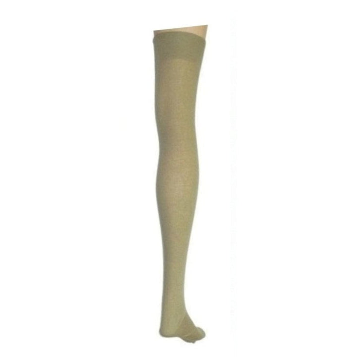10.5 Vintage 1960s Maid Uniform Plus Size Thigh High Cotton Stocking on mannequin leg with white background.