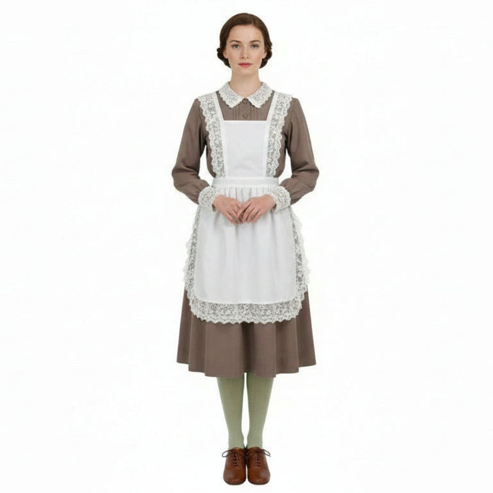 Vintage 1960s Maid Uniform Plus Size Thigh High Cotton Stocking on a model in a maid uniform.
