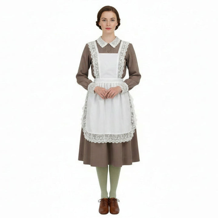 Vintage 1960s Maid Uniform Plus Size Thigh High Cotton Stocking on a model in a maid uniform.