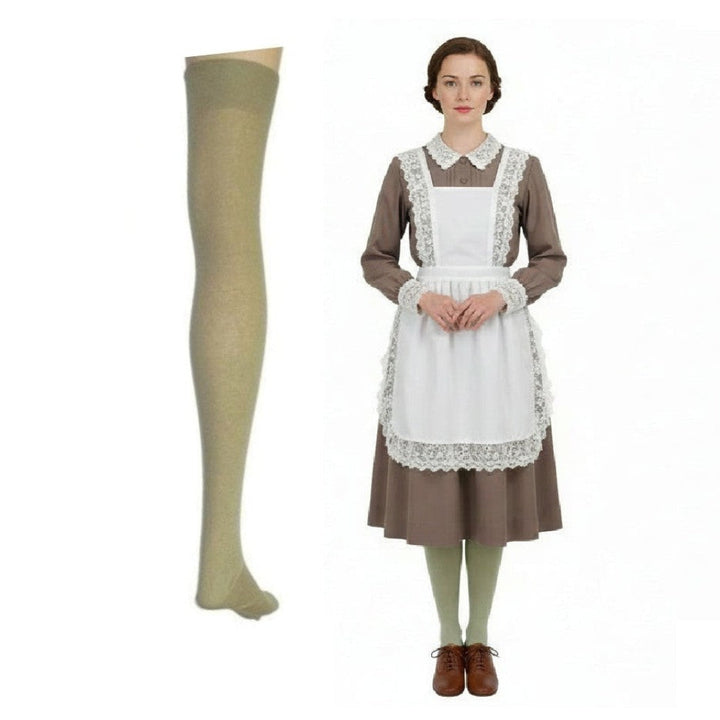 10.5 Vintage 1960s Maid Uniform Plus Size Thigh High Cotton Stocking on mannequin leg and shown on model in maid uniform, collage image, with white background.