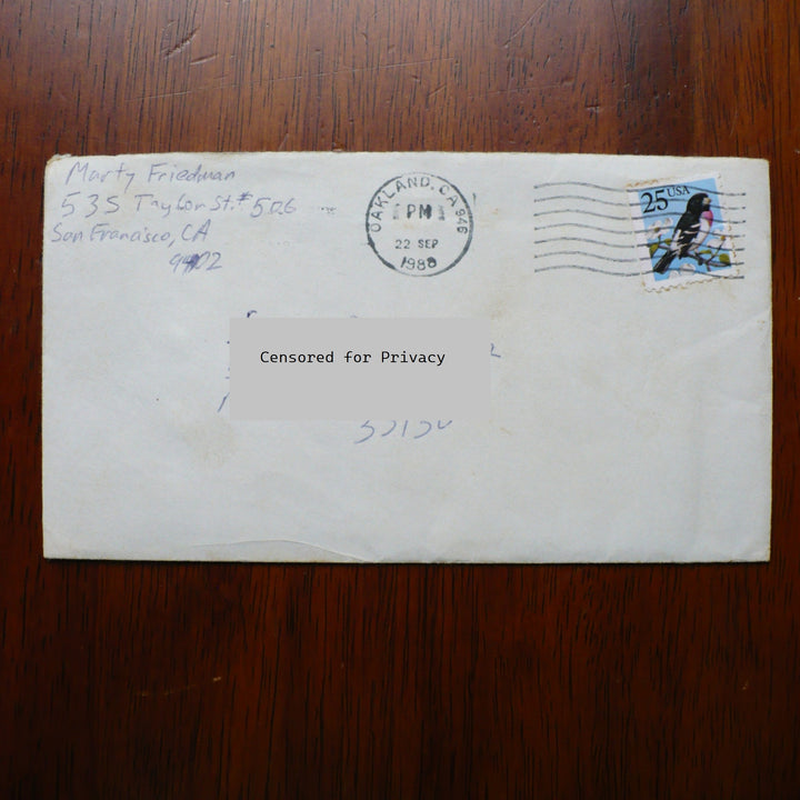 1988 Marty Friedman Handwritten envelope with recipient address redacted for privacy.