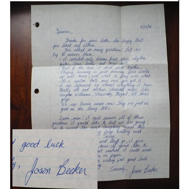 1988 Jason Becker Handwritten Letter - Cacophony 'Go Off!' Recording Era.