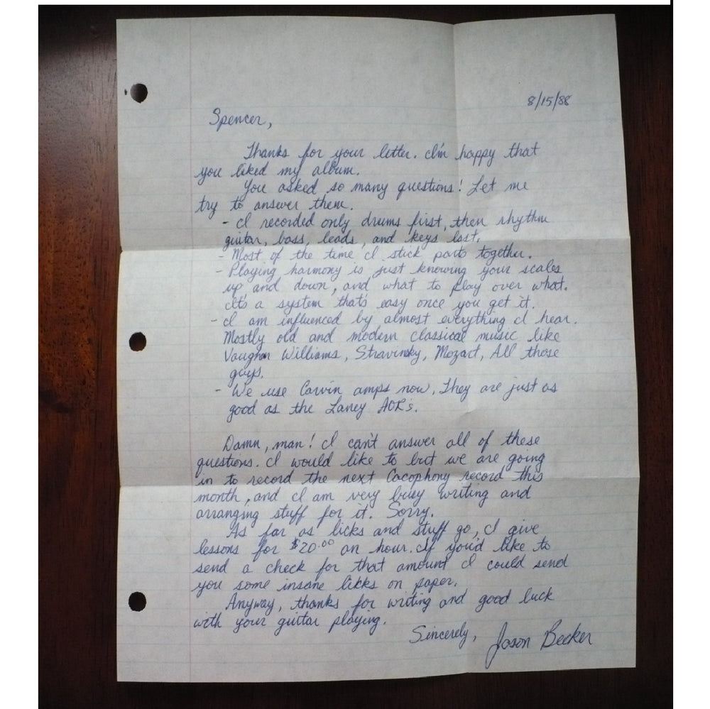 1988 Jason Becker 1988 Jason Becker Handwritten Letter - Cacophony 'Go Off!' Recording EraHandwritten Letter - Cacophony 'Go Off!' Recording Era