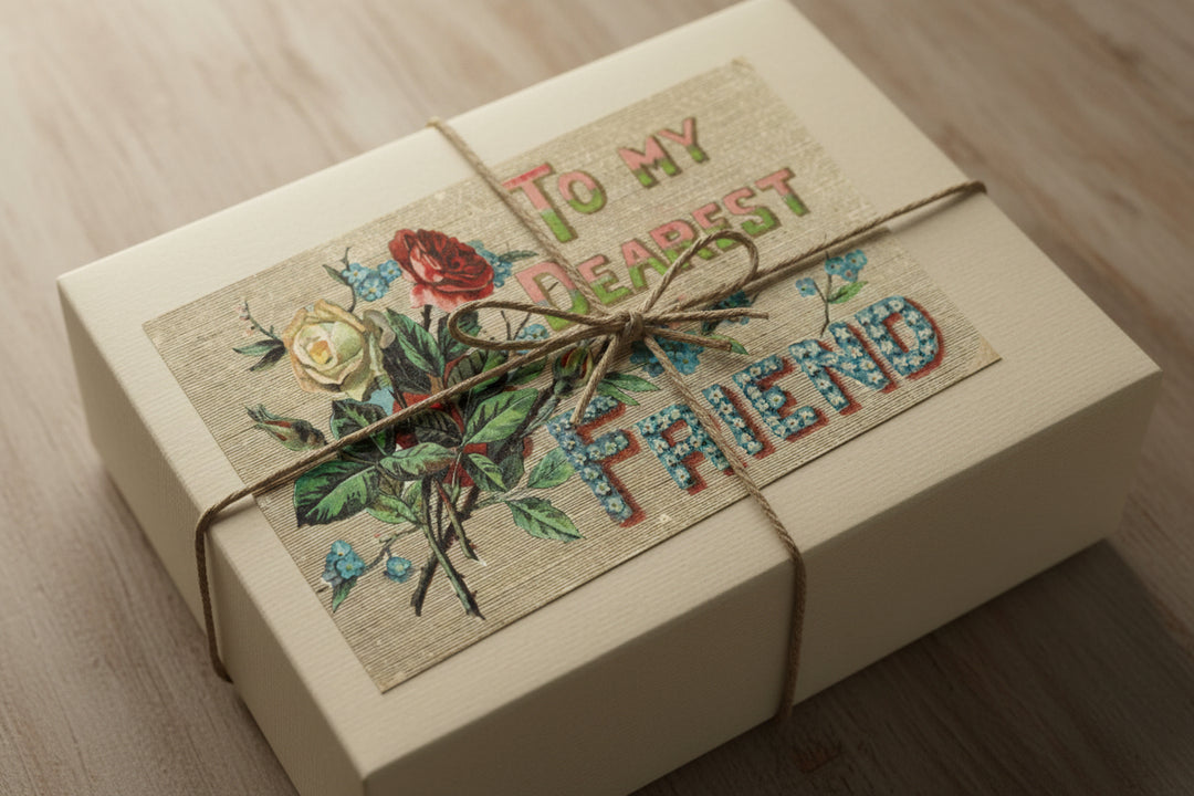 Gift box with 1911 To My Dearest Friend Floral Large Letter Vintage Postcard.