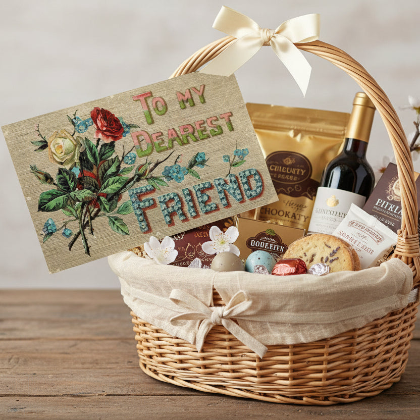 Easter gift basket with a 1911 To My Dearest Friend Floral Large Letter Vintage Postcard  on a wooden surface.
