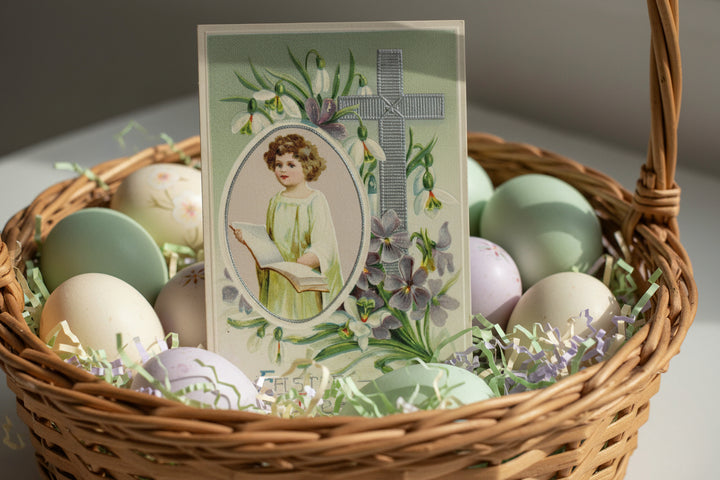 Antique vintage Easter postcard in Easter basket as basket stuffer.