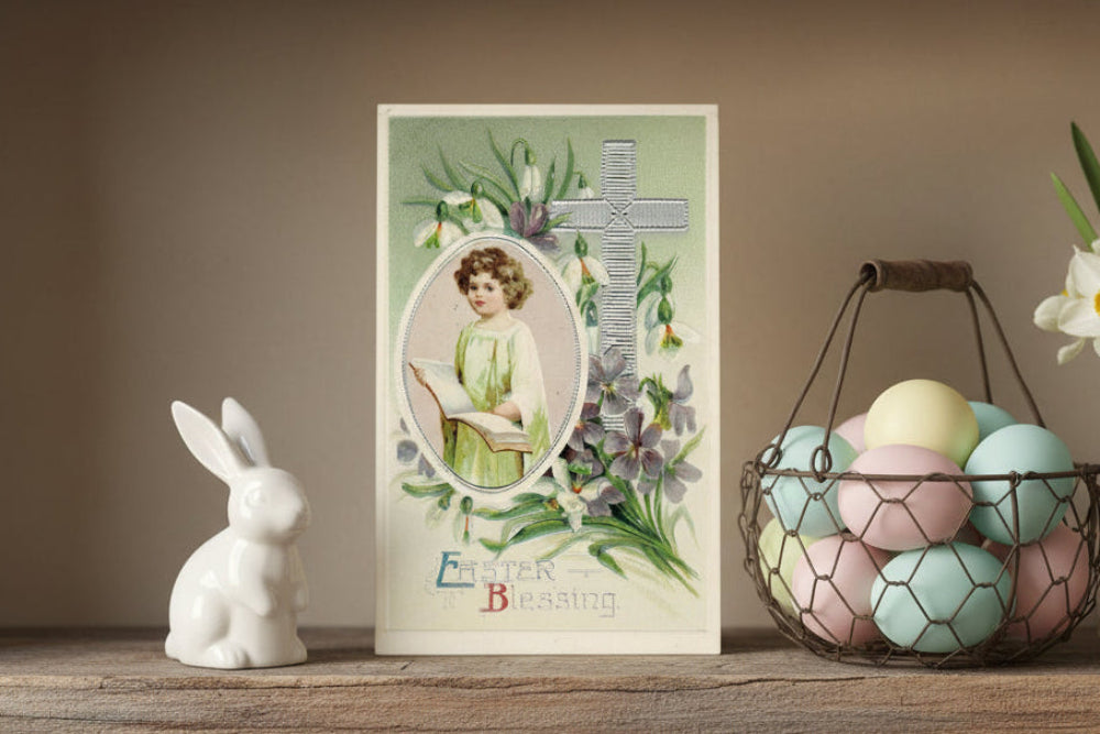 Antique, vintage Easter postcard shown on shelf as unique, seasonal holiday display.