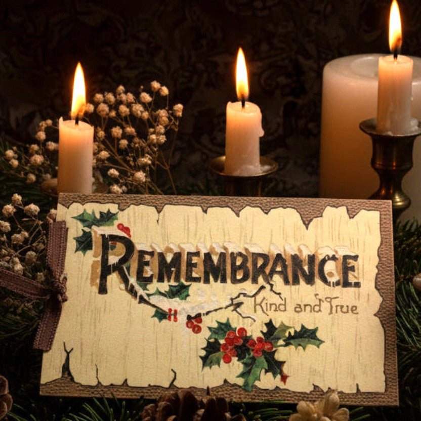 1912 Small Remembrance at Christmas Gift Card surrounded by candles and flowers.