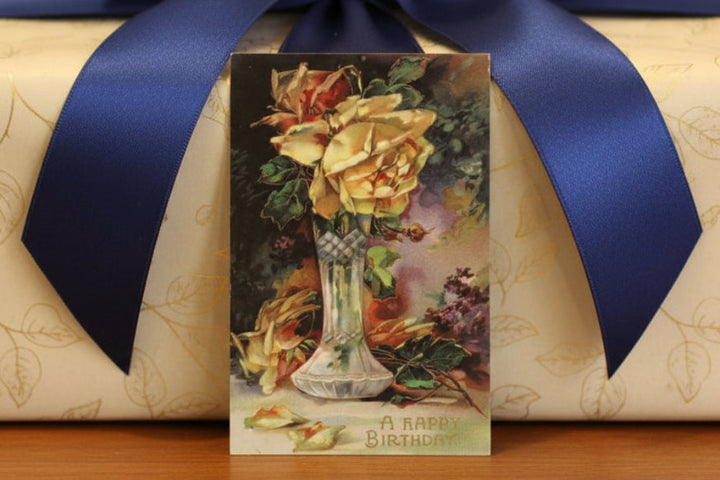 1909 Happy Birthday Yellow Rose Bud Vase Postcard