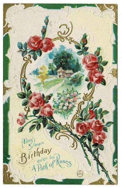 1910 Path of Roses Vintage Birthday Postcard