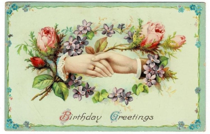 1912 Victorian Fede Hands Vintage Birthday Postcard Gelatin Coating