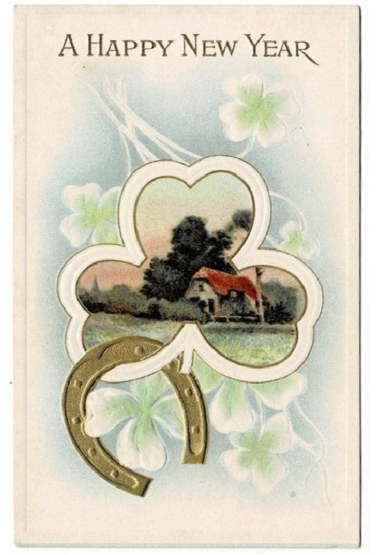 1912 Irish Shamrock Horseshoe Vintage New Year Postcard