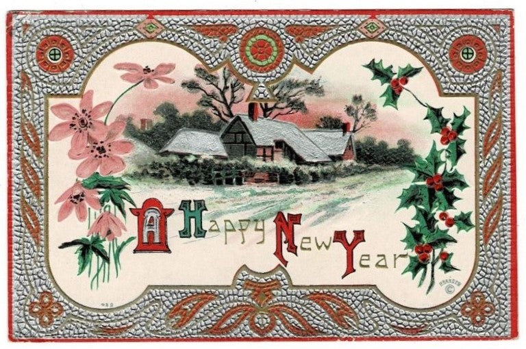 1910 A Happy New Year Winter Pastoral Vintage Postcard