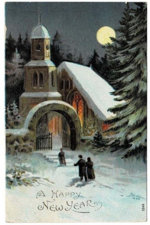 1910 Church at Night on New Year's Eve Vintage Postcard