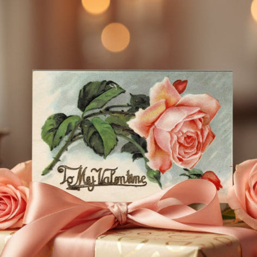 1910 Roses Forget-Me-Nots Flower Cart Vintage Valentine Postcard Card, surrounded by more roses.