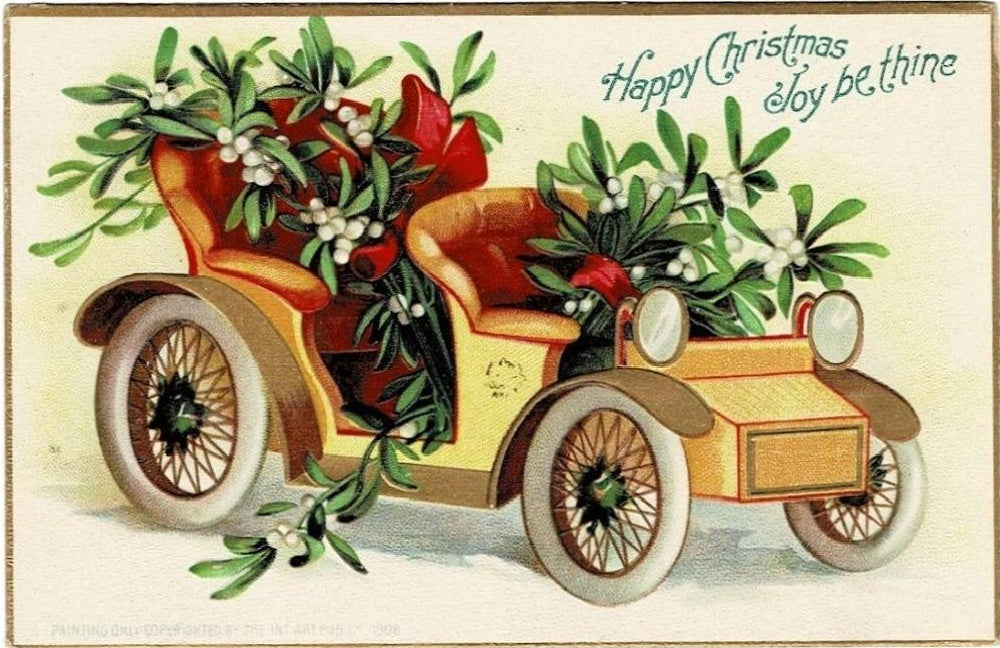 1908 Roadster Car Filled With Mistletoe Vintage Christmas Postcard.