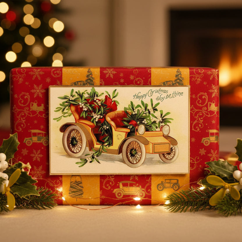 1908 Roadster Car Filled With Mistletoe Vintage Christmas Postcard on a wrapped gift box with festive decorations.
