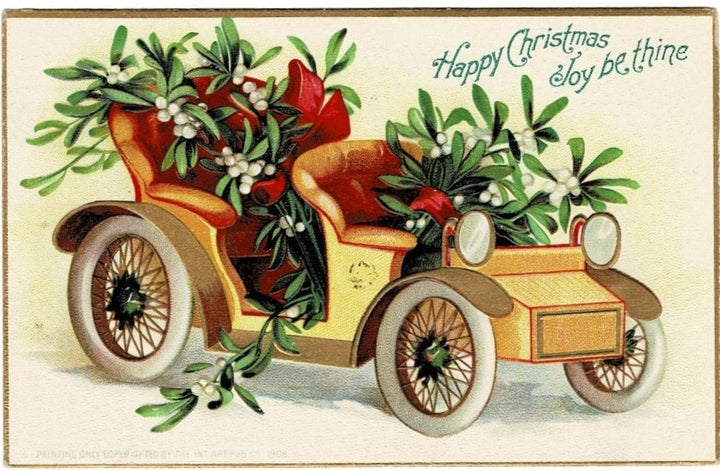 1908 Gilded Roadster & Mistletoe Vintage Christmas Postcard
