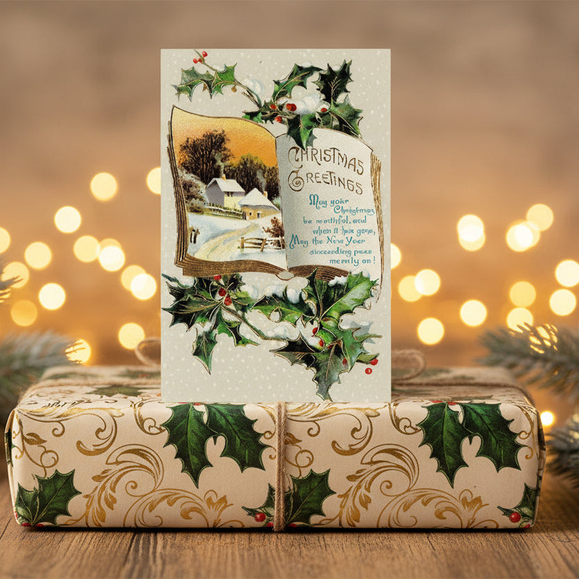 1913 Book Lover's Embossed Vintage Christmas Postcard For Bibliophile, shown as gift topper.